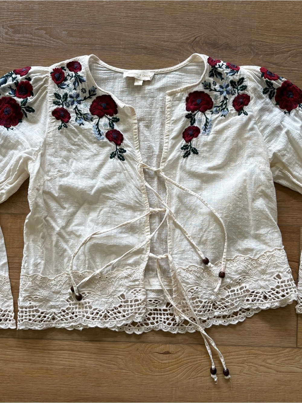 Tie-Front Embroidered Floral Cream Women's Tunic Top